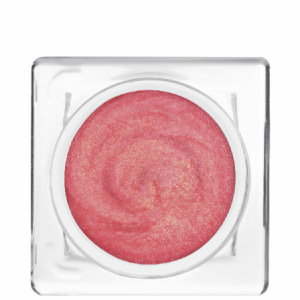 Colorete en crema de color rosa y un poco de brillo guardado en un recipiente transparente