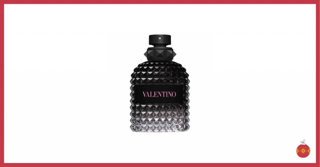 frasco de colonia negro y ligeramente redondeado y con relieve con letras color rosa de la marca valentino