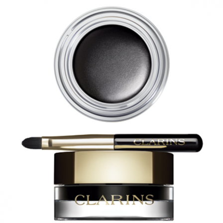 eyeliner color negro gel en un envase redondo con tapa dorada que incluye un pequeño pincel negro y dorado de la marca Clarins