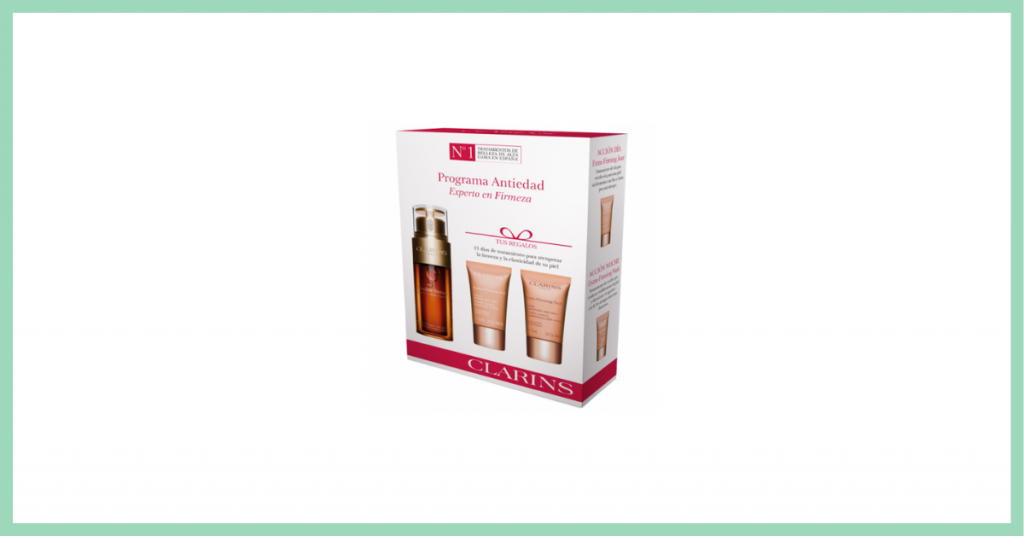 caja de carton con varios productos antienvejecimiento para la piel del rostro de la marca Clarins